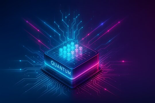 Stylized quantum processor emitting data bars and circuit traces in neon blue magenta glow, isometric illustration for quantum computing, hardware acceleration, algorithms 
