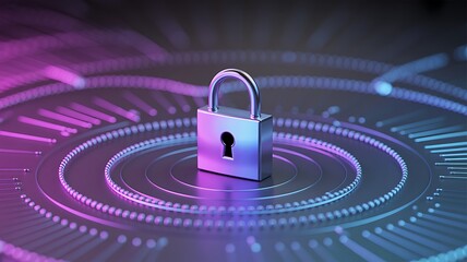 Digital padlock secured on glowing futuristic technology circuit board with purple and blue light