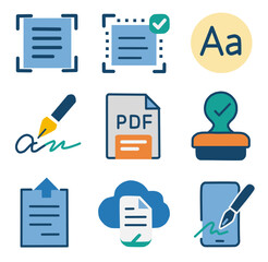 Set of 9 flat design icons for scan and eSign. Includes PDF, digital signature, cloud storage, stamp, approval, text recognition, and mobile signing