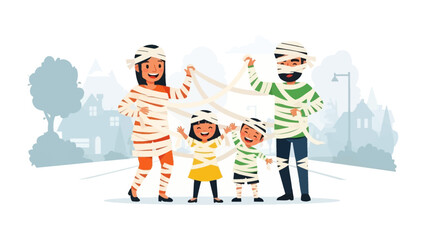Halloween mummy family: A cheerful illustration of a family dressed up as mummies, embracing the Halloween spirit. The scene captures the joy and playful nature of Halloween.