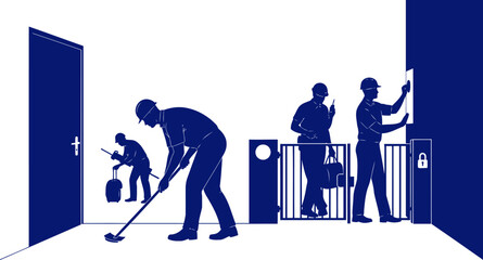 blue collar crew diligent workers prepare a space for arrival, isolated on transparent background