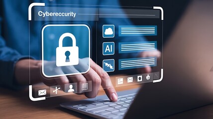Cybersecurity concept with a digital padlock and data on a futuristic interface