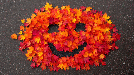Bright fall leaves create a cheerful smiley face on the pavement