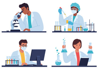Vector cartoon illustration set of researcher and scientist