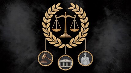 Golden scales of justice laurel wreath and three oval medallions on dark textured background