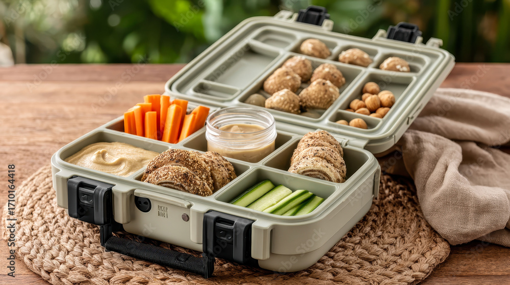 Poster a container of food with a variety of snacks and vegetables. the container is open and the food is s