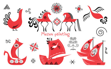 Vector set of hand drawn ornamental elements in traditional russian folk style. Mezen painting. Illustration of red horse, bird, ships in geometric art style on white background