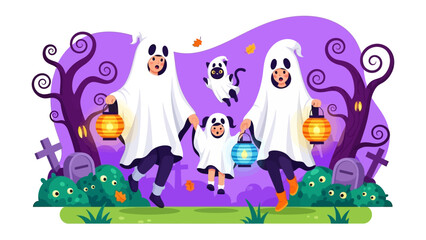 Naklejka premium Spooky Family Halloween Costume: A whimsical illustration captures the joy of a family embracing the Halloween spirit, dressed in ghost costumes.