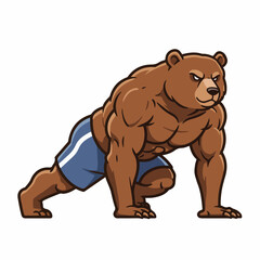 Fototapeta premium A muscular cartoon bear wearing blue shorts, in a dynamic pose suggesting strength and athleticism.