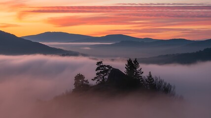 Obraz premium Misty mountain valley at sunrise with silhouetted trees and colorful sky