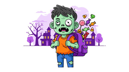 Zombie with treats illustration: A whimsical illustration presents a cute zombie with candy spilling out of a backpack. Perfect for Halloween or themes related to the undead and treats.