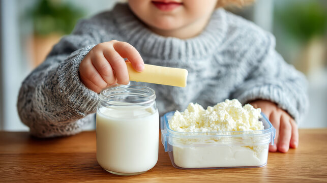 A child is holding a piece of cheese and dipping it into a glass of milk. The scene is playful and lighthearted, with the child enjoying a simple snack