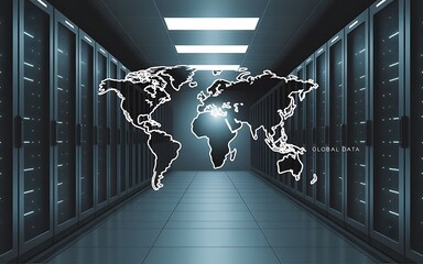 High-Tech Server Room Infrastructure with Global Networking and Technology Visualization