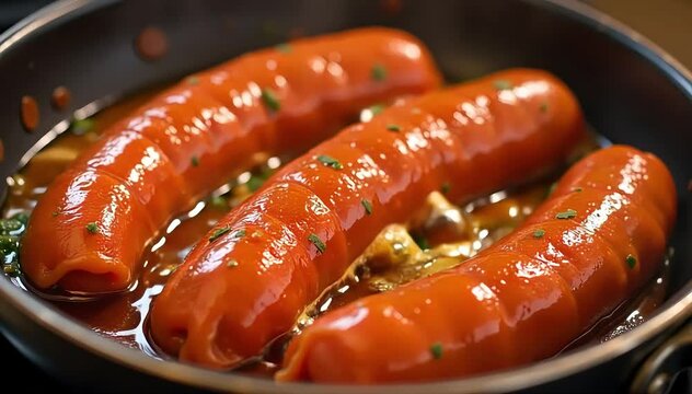 Cooking chorizo a la sidra in pan with bubbling cider and garlic cloves visible 