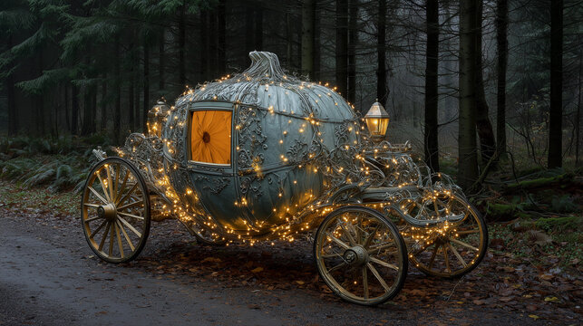 Magical pumpkin carriage adorned with twinkling lights in a misty forest - Powered by Adobe