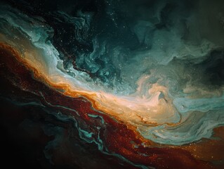 Naklejka premium Mesmerizing cosmic nebula swirls with glowing golden stardust creating an ethereal, awe-inspiring celestial panorama