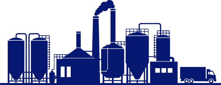 factory at dawn a navy blue silhouette of industrial production, isolated on transparent background