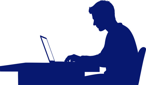 focused programmer midnight blue silhouette coding on laptop, isolated on transparent background