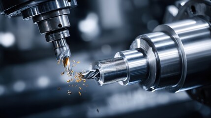 High-Precision Machining Process with Metal Cutting Tools and Shavings in Industrial Workshop Environment