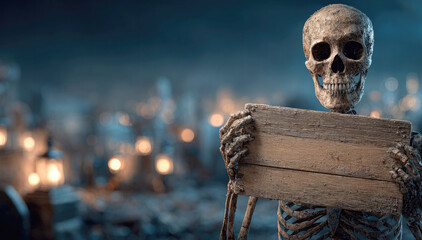 A creepy skeleton stands with a blank wooden sign against the backdrop of a nighttime cemetery with mystical lights, inviting everyone to a festive party. Mockup with copy space.
