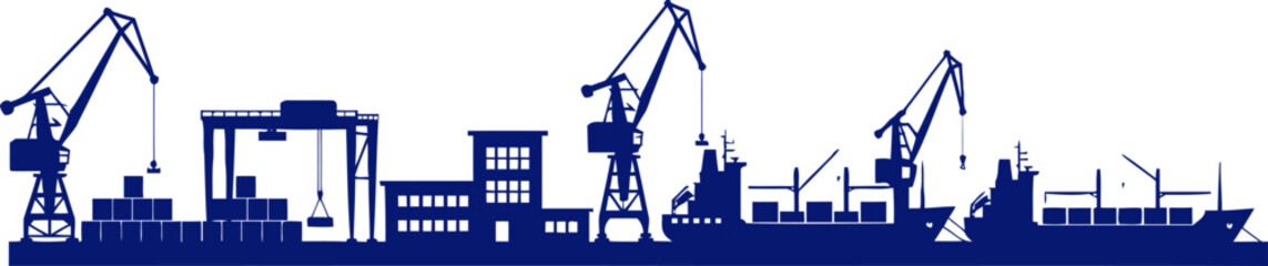 global trade majestic silhouette of cargo ships and port cranes, isolated on transparent background