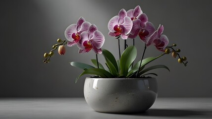 Obraz premium An elegant pink Phalaenopsis, the Indonesian national flower known as Anggrek Bulan, is beautifully potted in a ceramic planter and displayed as a luxury houseplant. Spa and wellness decoration concep
