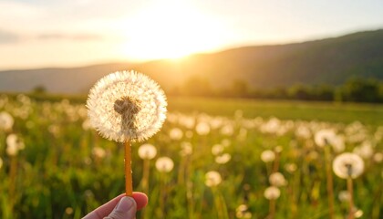 Hand holding dandelion at sunset over field