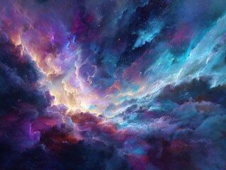 Vibrant cosmic nebula ablaze with swirling celestial clouds, stellar dust, and radiant starlight creating a breathtaking, ethereal universe
