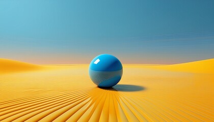 blue sphere floats serenely on yellow expanse echoing surreal minimalism world thinking day playful chromatic contrast harmony