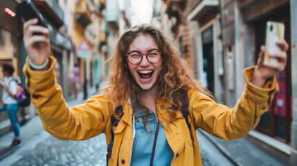 Front view portrait of an excited student celebrating good news checking mobile phone in the street