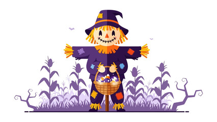 Harvest Sentinel: A whimsically illustrated scarecrow stands guard in a bountiful harvest scene, embodying the festive spirit of autumn and rural traditions.