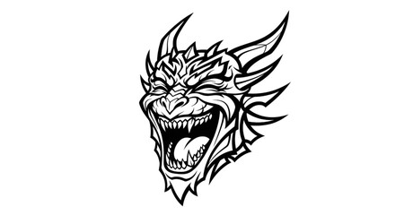 Obraz premium Vector illustration of a wicked laughing dragon demon head, an aggressive mythical monster mascot with sharp fangs