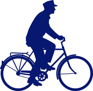 postman on bicycle classic delivery, blue silhouette, urban commute, isolated on transparent background