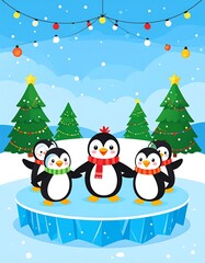 Cute penguins in a circle on an ice rink, Christmas scene