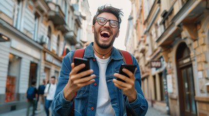 Front view portrait of an excited student celebrating good news checking mobile phone in the street