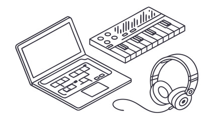 Isometric Illustration of Laptop MIDI Keyboard and Headphones
