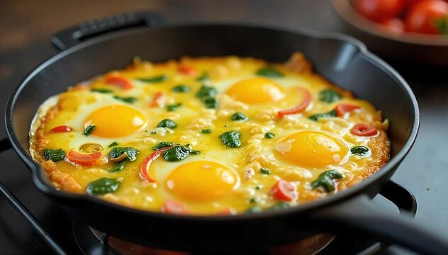 Cooking frittata in skillet with bubbling eggs and layered vegetables visible inside 
