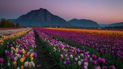 Fototapeta premium Vibrant tulip field under a colorful sunset sky with mount si in the distance, creating a picturesque and serene landscape