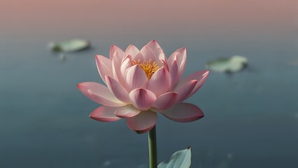A perfect pink lotus flower, which is a sacred symbol of purity in Buddhism and Hinduism, is seen rising majestically from the calm surface of a pond. Serenity and spiritual wellness concept
