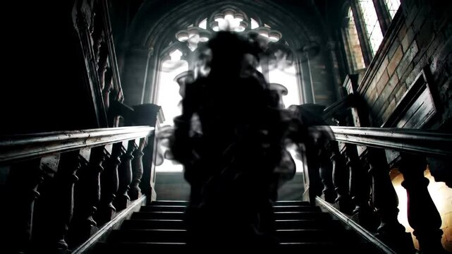 A mysterious shadowy entity of black smoke descending a grand staircase in a dark gothic building with a bright window behind