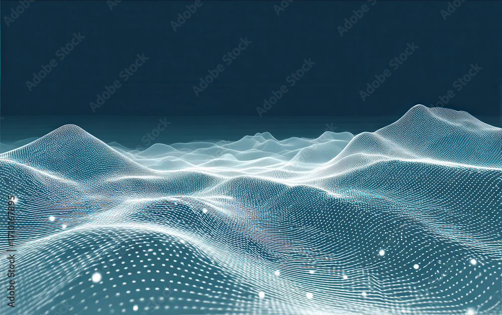 Poster abstract digital landscape with wave-like patterns and scattered points