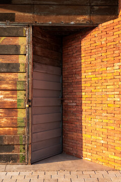 Abstract geometry of wood, metal and brick textures in Asuncion, Paraguay