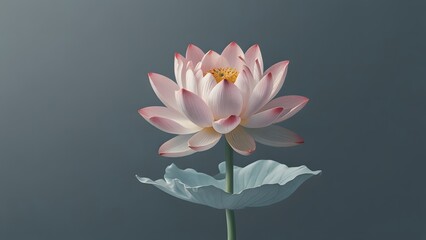 A perfect pink lotus flower, which is a sacred symbol of purity in Buddhism and Hinduism, is seen rising majestically from the calm surface of a pond. Serenity and spiritual wellness concept