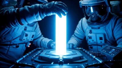 Two astronauts in spacesuits activating a bright cylindrical energy core on a futuristic console - Powered by Adobe