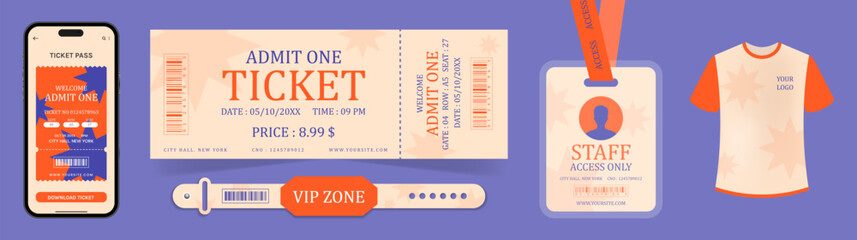 Obraz premium set of event concert entry ticket and bracelet pass with mobile ticket, staff pass and t shirt mockup