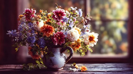 Autumn dahlias vibrant blooms soft colors elegant setting 4k AI generated video. Rustic table floral arrangement dahlias vintage centerpiece 4k AI generated video. - Powered by Adobe