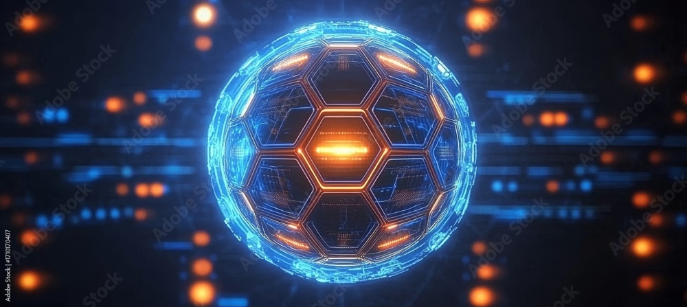 Poster futuristic technology shield design with hexagon dome force field and glowing sphere of security