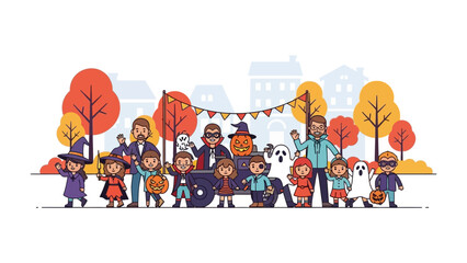 Fototapeta premium Spooktacular Gathering: A charming illustration capturing a group of kids dressed in Halloween costumes enjoying festivities with the support of adults.
