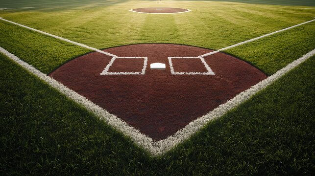 Pristine Baseball Diamond with Freshly Cut Grass and Morning Light