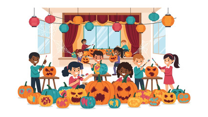 Festive Pumpkin Carving: A vibrant illustration capturing a group of diverse children, joyfully carving pumpkins, radiating the essence of autumnal festivities with colorful decorations.